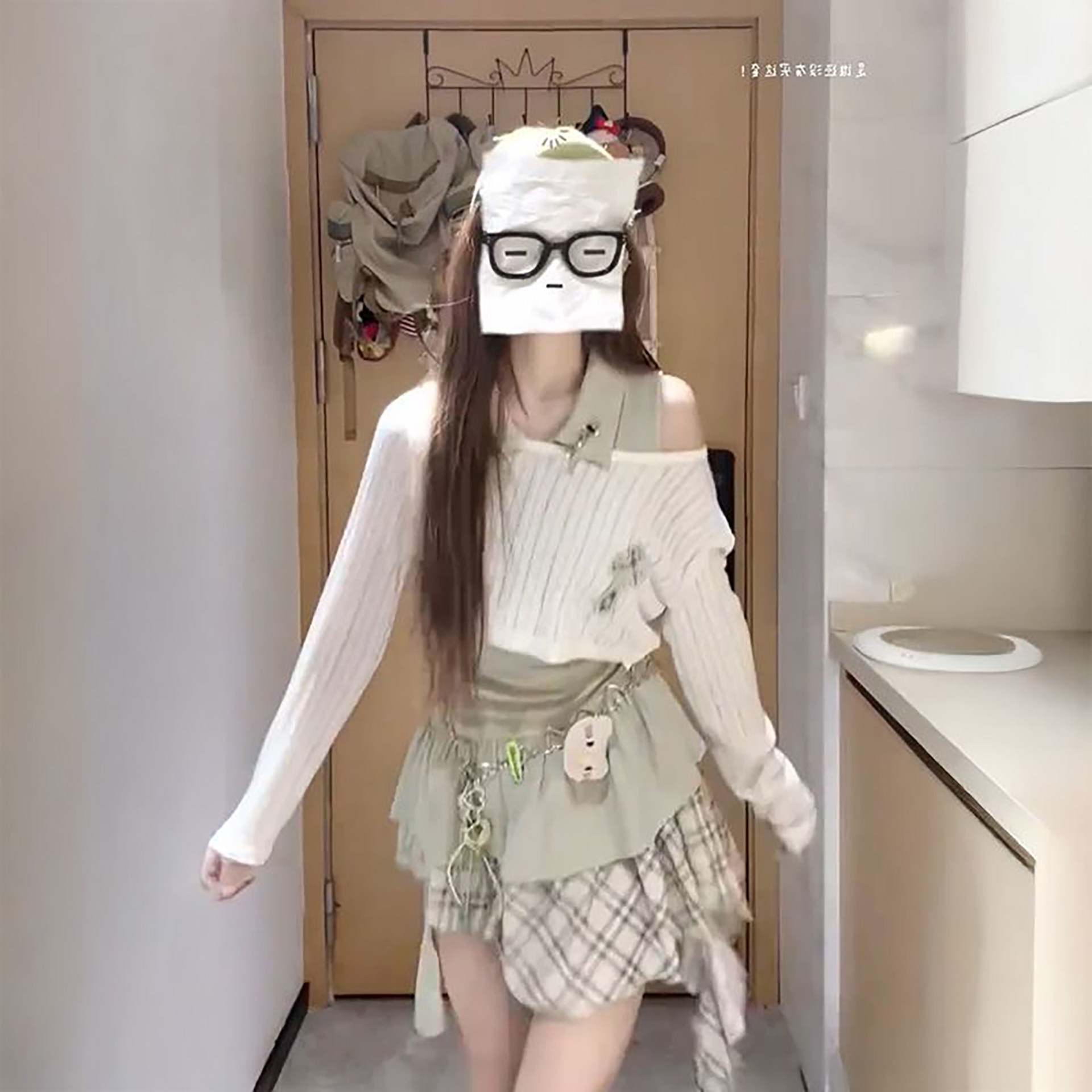 春季韩系甜美绿色格纹拼接蛋糕连衣裙+防晒罩衫上衣女学生两件套