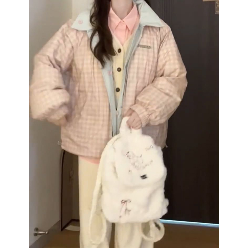 2025冬季新款撞色翻领双面穿棉服外套女小清新百搭宽松学生面包服