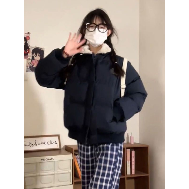 冬季新款个性潮流拼接毛毛蓝色短款宽松棉服女休闲百搭防寒面包服