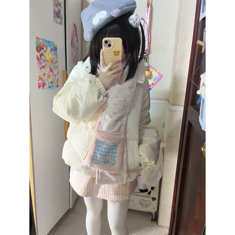 法式甜美学院风米白色棉服外套保暖拼接百搭休闲设计感棉衣含围巾