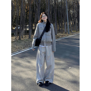 韩系学院风休闲灰色针织袖拼接棉服女秋冬款慵懒时尚立领棉衣外套