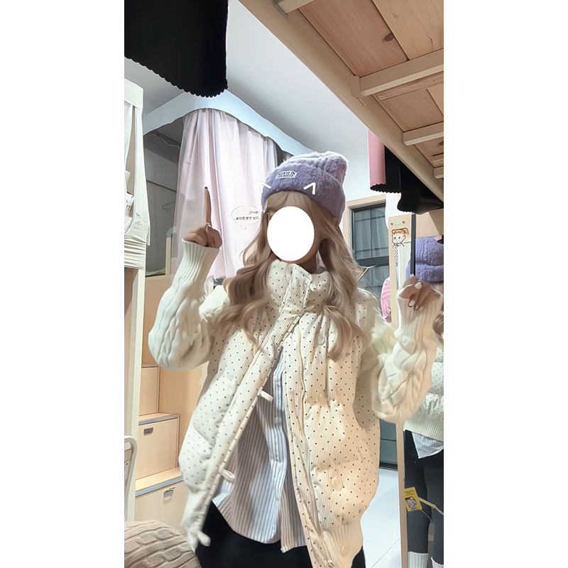 学院风小众别致立领保暖外套棉衣女针织麻花袖子拼接波点冬季棉服