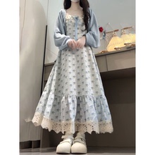 夏季新款日系温柔风娃娃领碎花连衣裙女搭配蓝色开衫外套两件套装