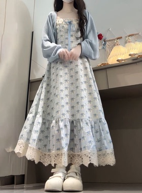 夏季新款日系温柔风娃娃领碎花连衣裙女搭配蓝色开衫外套两件套装