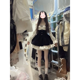 甜美温柔风方口领假两件连衣裙女学生2025冬季新款气质显瘦短裙子