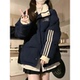 美式 冬季 新款 甜美拼色条纹刺绣棉服女学生宽松立领加厚保暖面包服