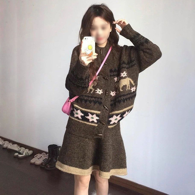 学院风复古费尔岛毛衣提花针织开衫外套女搭配针织半身裙两件套装