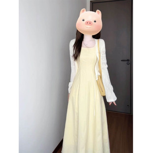 荷叶防晒罩衫 初恋感温柔风奶黄色收腰背带裙 学生女 新款 2025春季