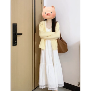 甜美少女风奶黄色针织开衫毛衣外套女蝴蝶结白色吊带连衣裙两件套