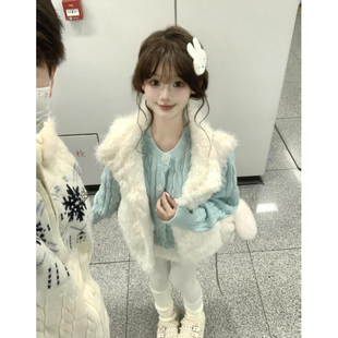 两件套冬季ins甜妹毛茸茸软糯马甲外套女+薄荷绿麻花针织开衫毛衣