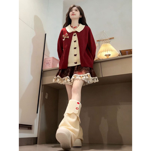 多巴胺甜美娃娃领蝴蝶结毛衣开衫 女红色格纹毛绒流苏边短裙两件套