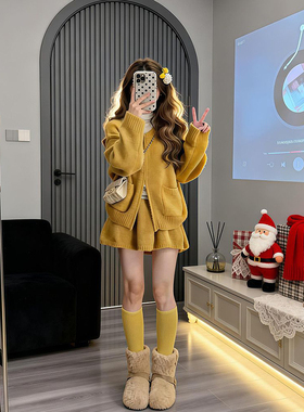 复古慵懒ins风女学生穿搭一整套黄色遮肉半身裙+宽松针织开衫毛衣