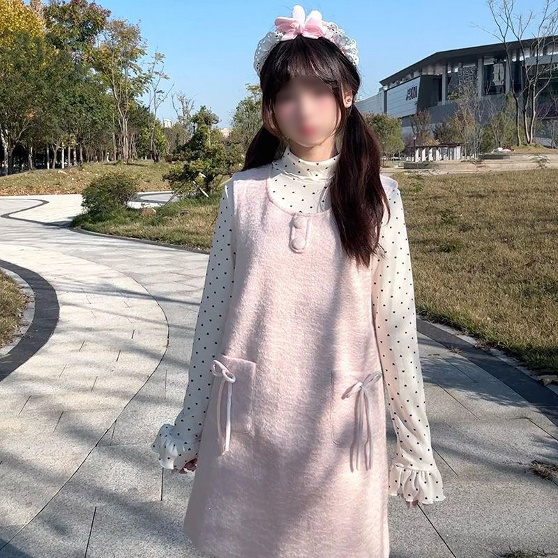 盐系少女温柔风可爱高领波点长袖打底衫叠穿毛呢粉色背心裙两件套,女装/女士精品,时尚套装,淘宝优惠券,粉丝福利购,淘宝优惠卷