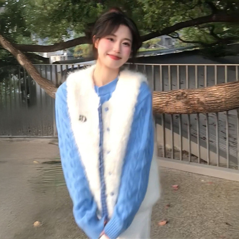 甜美风高级感克莱因蓝色毛茸茸马甲开衫叠穿蓝色圆领麻花毛衣套装,女装/女士精品,时尚套装,淘宝优惠券,粉丝福利购,淘宝优惠卷