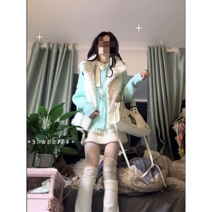 法式慵懒休闲风修身绿色麻花针织开衫叠穿毛毛马甲背心两件/套装