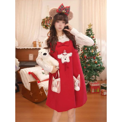 甜美小个子新年穿搭套装冬季纯欲小狗花苞背心连衣裙+波点打底衫