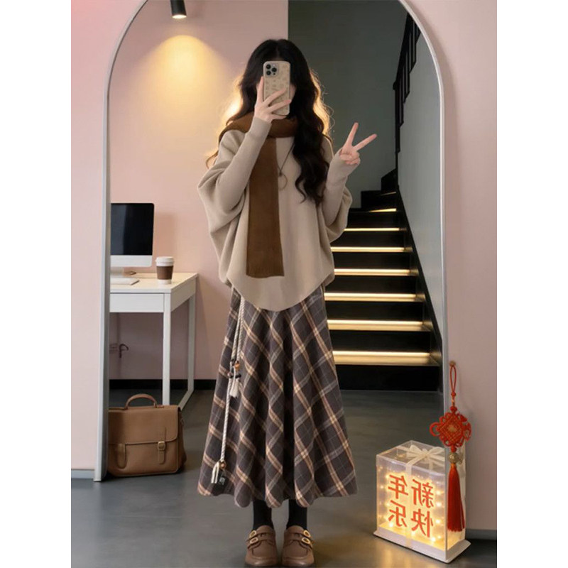 森系温柔风复古斗篷宽松针织毛衣+格子半身裙女三件套装保暖围巾,女装/女士精品,时尚套装,淘宝优惠券,粉丝福利购,淘宝优惠卷
