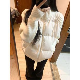 日常慵懒风杏色拼接针织棉服外套立领百搭保暖冬日设计感时尚棉衣