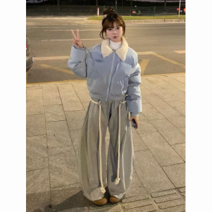 多巴胺2025冬季 蓝色棉服外套 翻领防寒保暖棉袄女高街休闲风短款