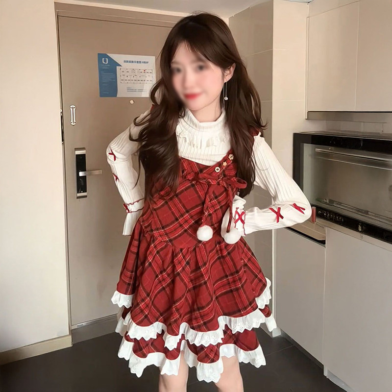 2026新年战袍~法式学院风复古红格纹背带连衣裙+蝴蝶结打底两件套,女装/女士精品,时尚套装,淘宝优惠券,粉丝福利购,淘宝优惠卷