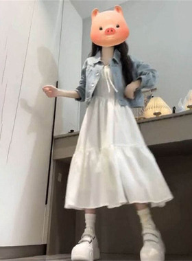 夏季新款韩版学院风复古蓝色短款牛仔外套女学生叠穿吊带连衣长裙