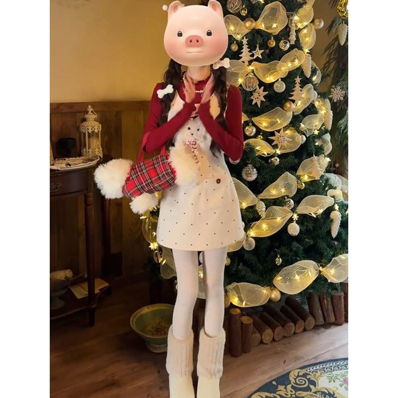 甜美复古时尚波点无袖背心裙女秋冬圣诞红色针织打底衫上衣两件套