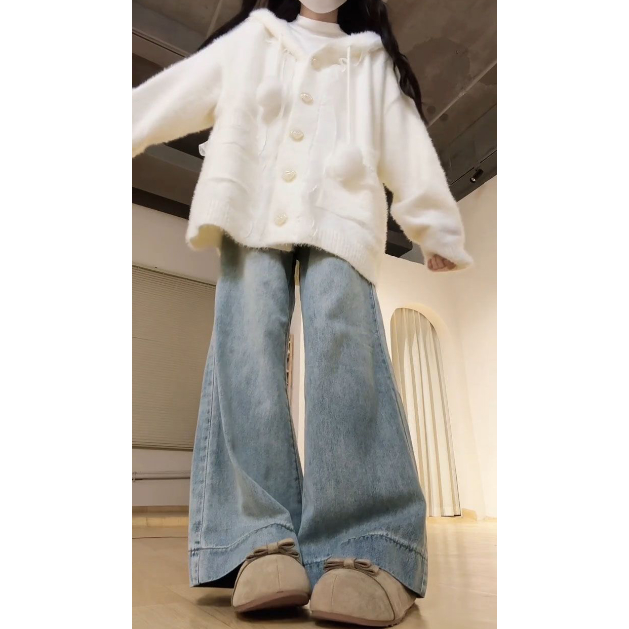 秋冬季浅色系穿搭抽绳兔耳朵连帽开衫外套毛衣女长袖衬衫两件套装