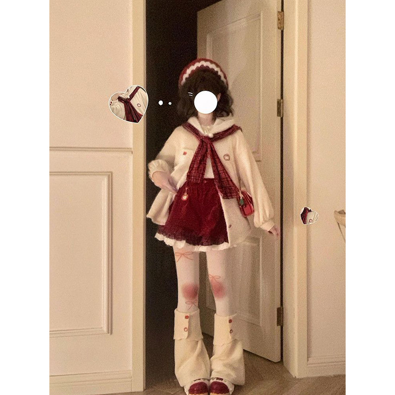 法式甜妹多巴胺小个子新年红色花边短裤+杏色披肩连帽外套两件套,女装/女士精品,时尚套装,淘宝优惠券,粉丝福利购,淘宝优惠卷