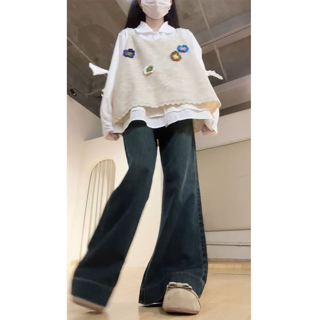 甜美穿搭小个子学院花朵针织吊带马甲背心女蝴蝶结白衬衫长袖套装