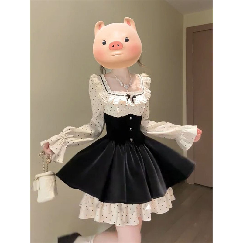 轻奢小香风复古假两件波点连衣裙女春秋款方口领收腰蓬蓬超仙短裙,女装/女士精品,连衣裙,淘宝优惠券,粉丝福利购,淘宝优惠卷