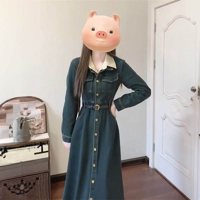 韩系复古时尚高级感气质牛仔连衣裙女初春收腰显瘦翻领假两件长裙