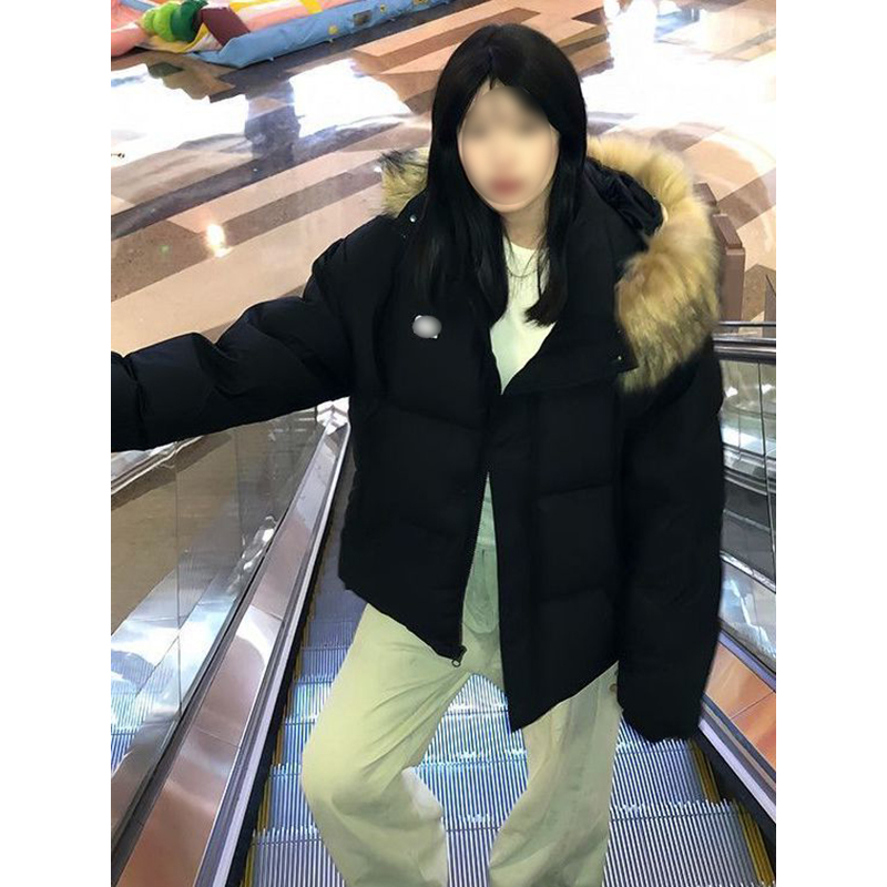 个性潮流时尚风黑色连帽毛领棉服百搭保暖休闲加厚设计感棉衣外套