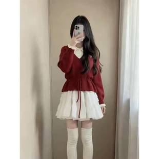 日系小个子时尚风白色半身裙女学生+气质假两件新年红毛衣两件套
