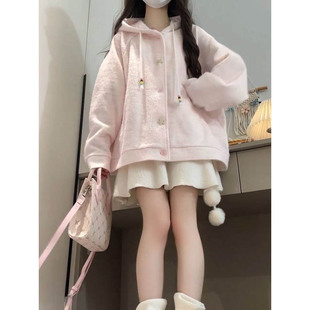 可爱毛衣外套 日系甜美风初恋感个性 扣粉色连帽针织开衫 女春季 新款