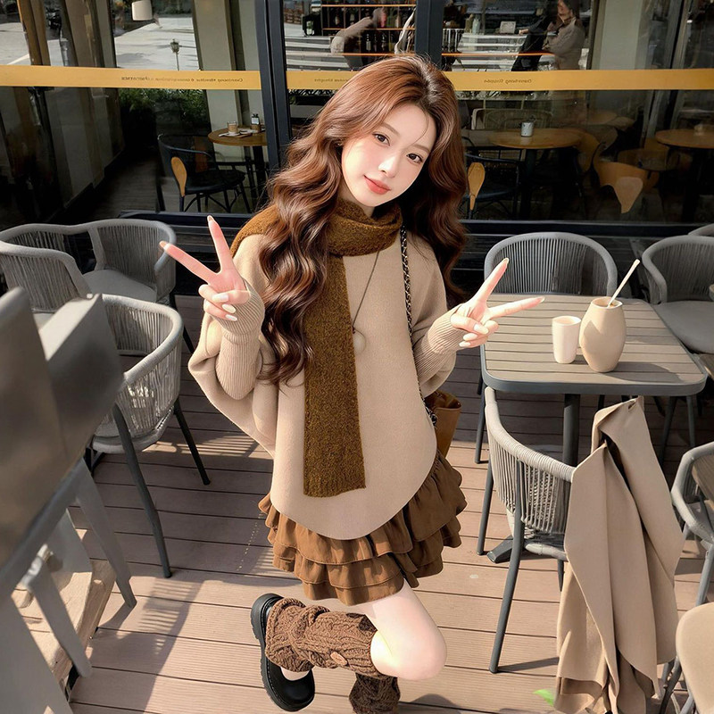 元气少女感穿搭一整套设计感宽松毛衣+高腰遮肉半身裙+咖色围巾女,女装/女士精品,时尚套装,淘宝优惠券,粉丝福利购,淘宝优惠卷