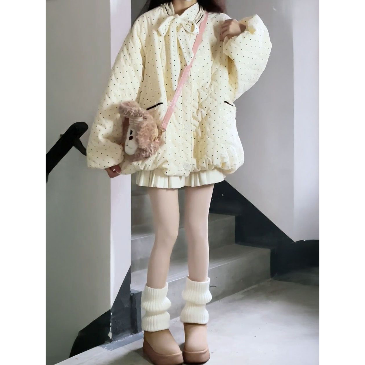 波点设计加厚棉服女保暖防寒外套