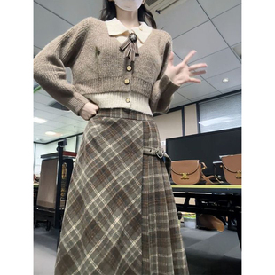 法式 假两件毛衣女格纹半身裙 穿搭一整套秋冬温柔减龄POLO领短款