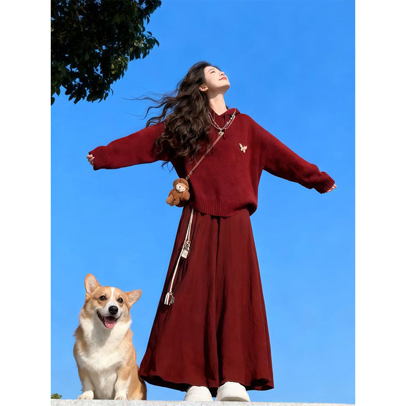 小众时尚风穿搭一整套高腰显瘦半身裙+红色连帽针织衫毛衣女+腰带