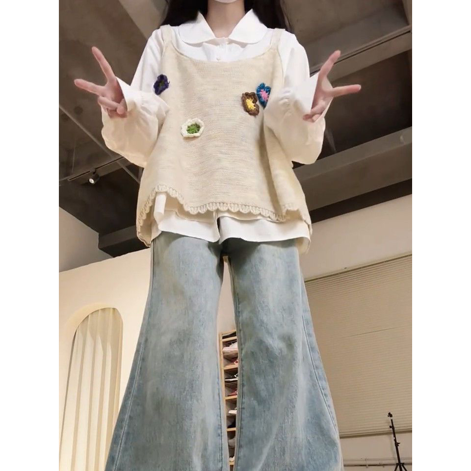 学院风立体花朵针织吊带马甲背心女百搭长袖衬衫女早秋穿搭一整套