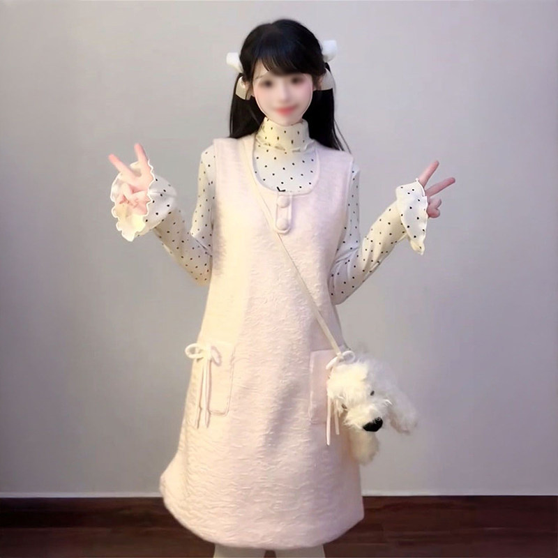 温柔风淑女~减龄毛呢粉色背心连衣女叠穿波点高领长袖打底衫套装,女装/女士精品,时尚套装,淘宝优惠券,粉丝福利购,淘宝优惠卷