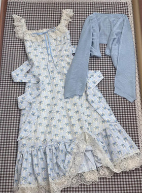 韩系甜美温柔风气质蕾丝花边蓝色碎花连衣长裙女蓝色披肩开衫外套