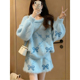 套装 2025秋冬甜美风蝴蝶结浅蓝色宽松毛衣女 高腰包臀半身裙两件