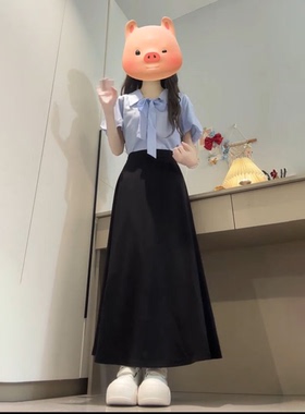 夏季新款韩系通勤风蓝色蝴蝶结衬衫女搭配黑色高腰半身裙两件套装