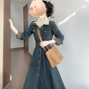 法式复古学院风假两件牛仔连衣裙女2025春季新款时尚收腰A字长裙