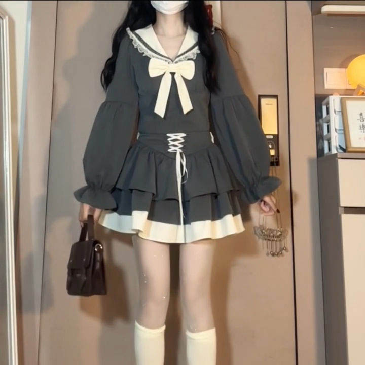 2025春季甜美学院风一整套海军领蝴蝶结上衣搭配绑带高腰半身短裙