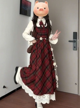 2025秋冬韩系杏色衬衫送领结女学生复古风红色毛呢格子背心连衣裙