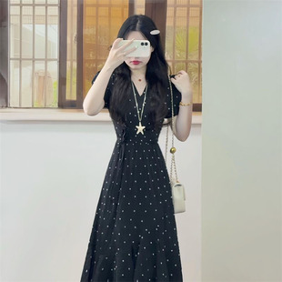 休闲简约甜美系带收腰长裙子 温柔少女风黑色波点连衣裙女学生夏季