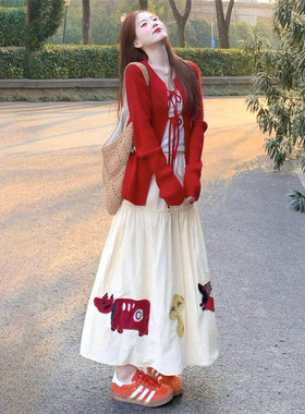 韩系穿搭一整套甜美小个子红色开衫披肩毛衣女2025春季卡通半身裙