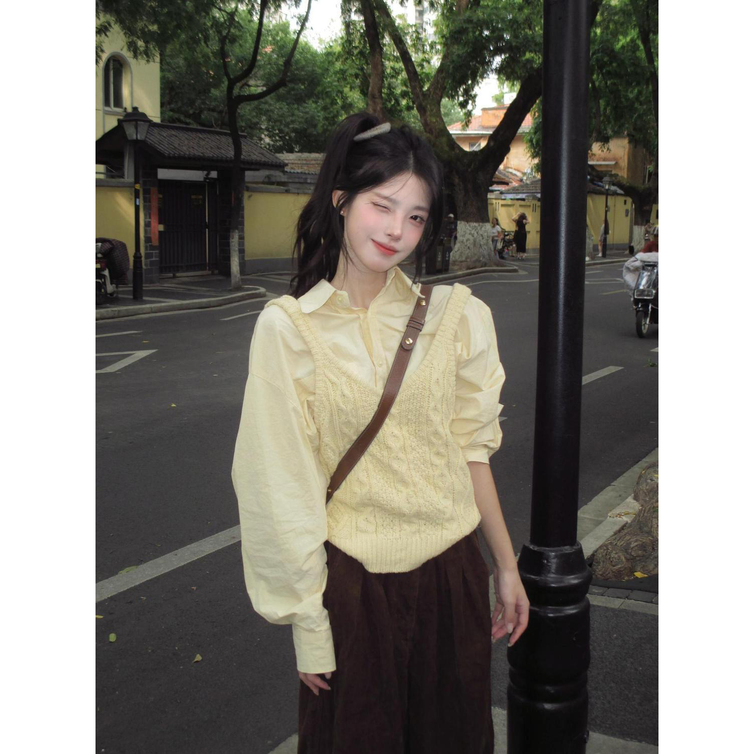 黄色针织背心女百搭叠穿Polo衬衫