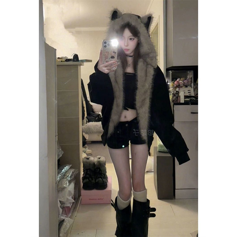 辣妹纯欲风时尚座山雕猫耳朵连帽棉服女冬季毛茸茸保暖外套夹克潮,女装/女士精品,棉衣/棉服,淘宝优惠券,粉丝福利购,淘宝优惠卷